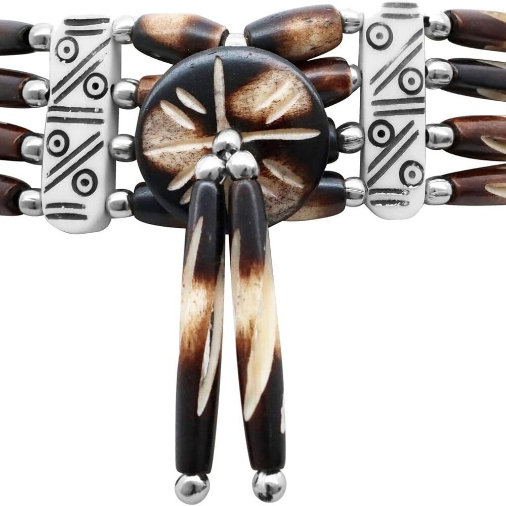 American Indian Style Bone Choker Necklace, 4 Row Brown/White Striped Traditiona